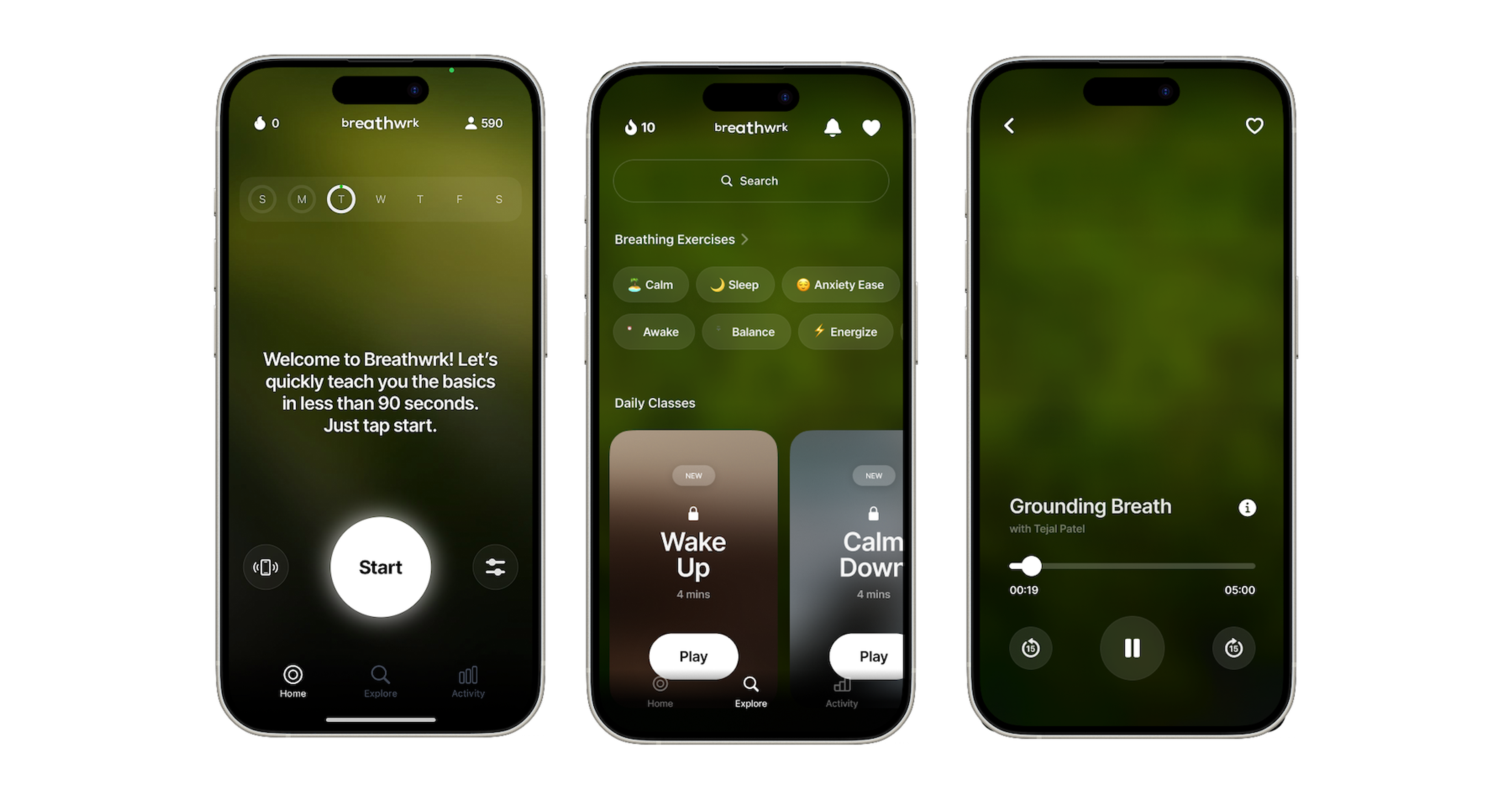Three phone screens of the Breathwrk app showing the onboarding page, breathing exercises and daily classes section, and a class interface.