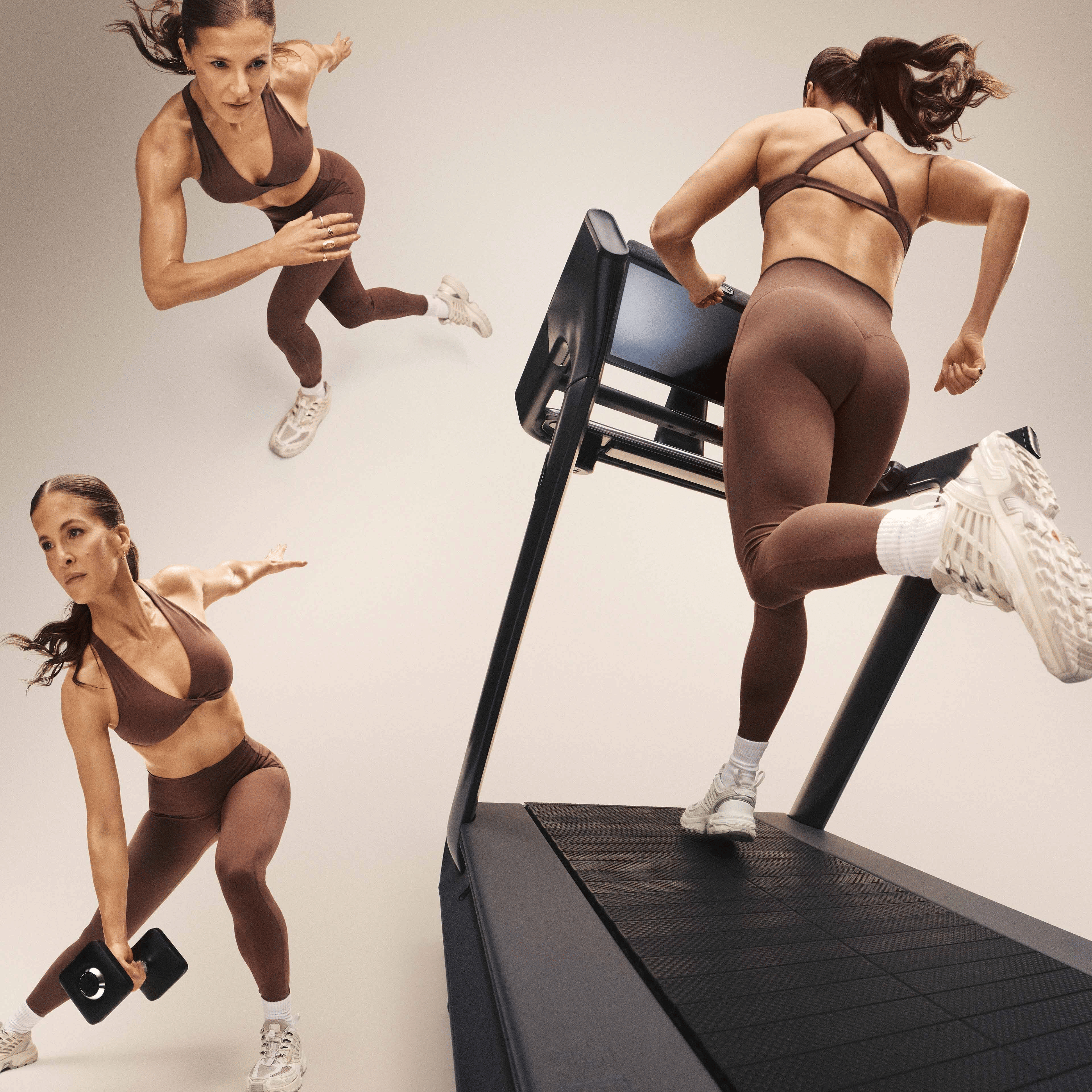 Composite image of a woman in brown athletic wear demonstrating running, a treadmill workout, and a dumbbell exercise.