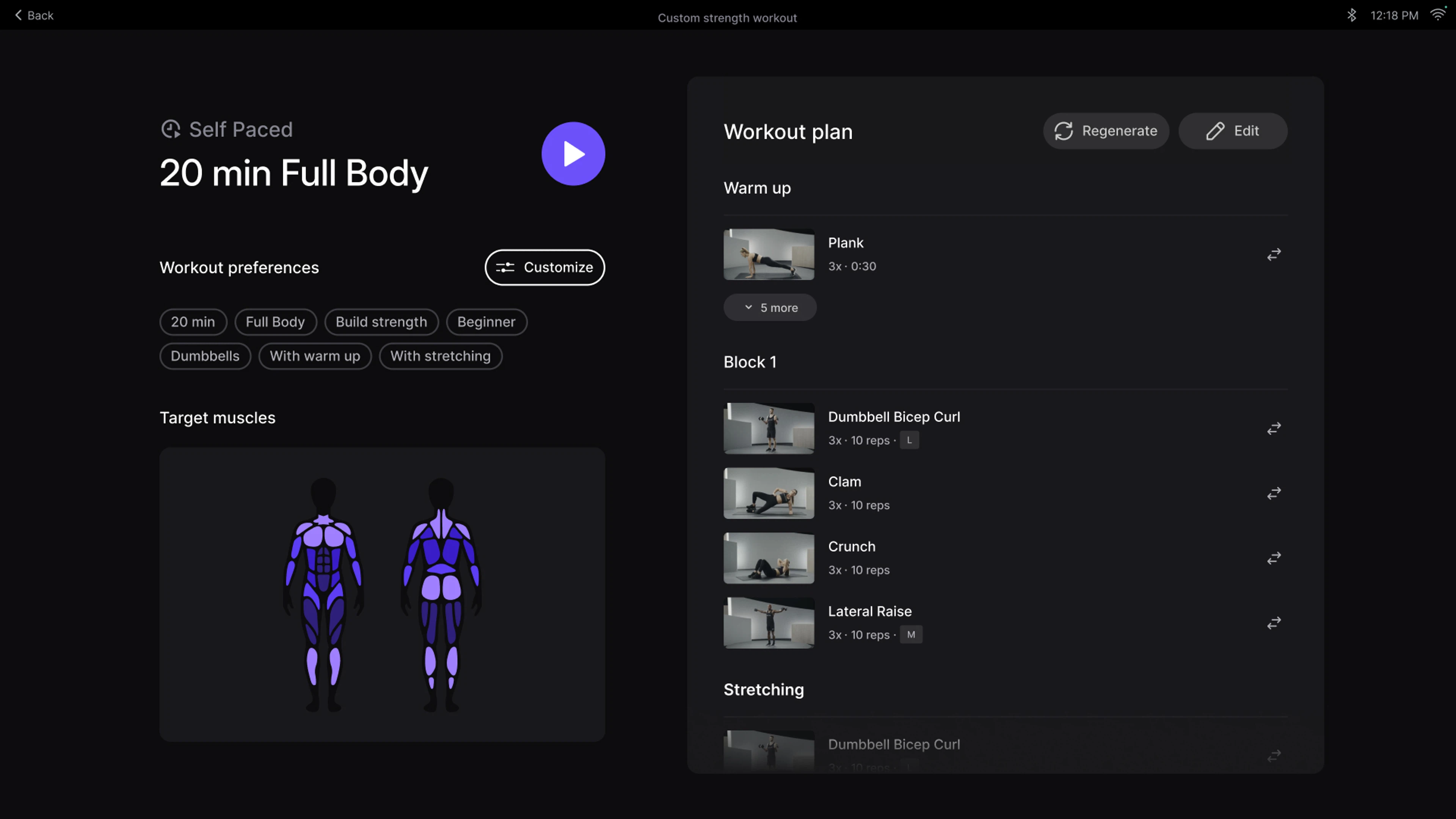 A screen image showing Peloton's Strength Workout Generator powered by Peloton IQ.