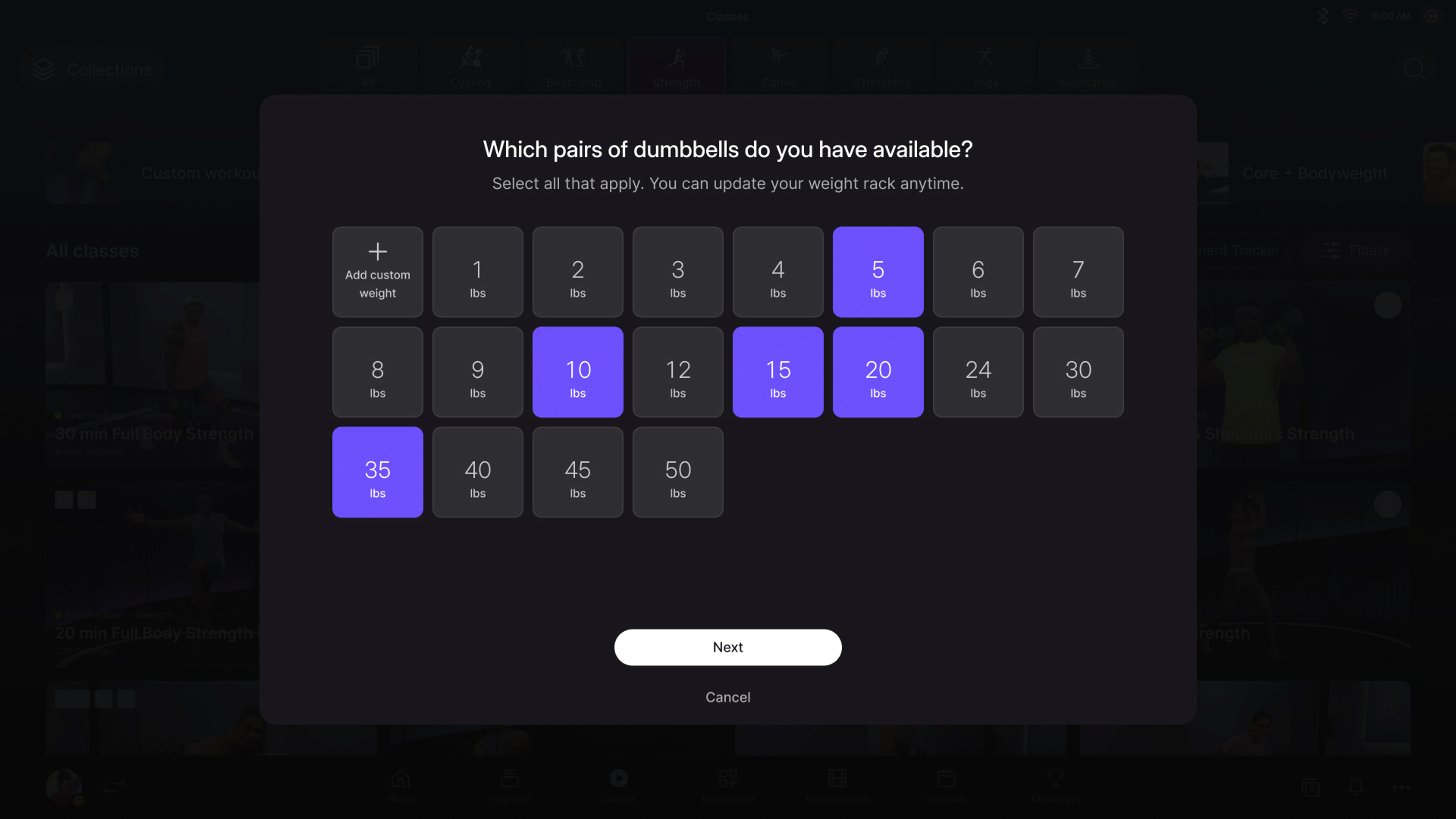 A screen image showing the virtual weight rack powered by Peloton IQ.