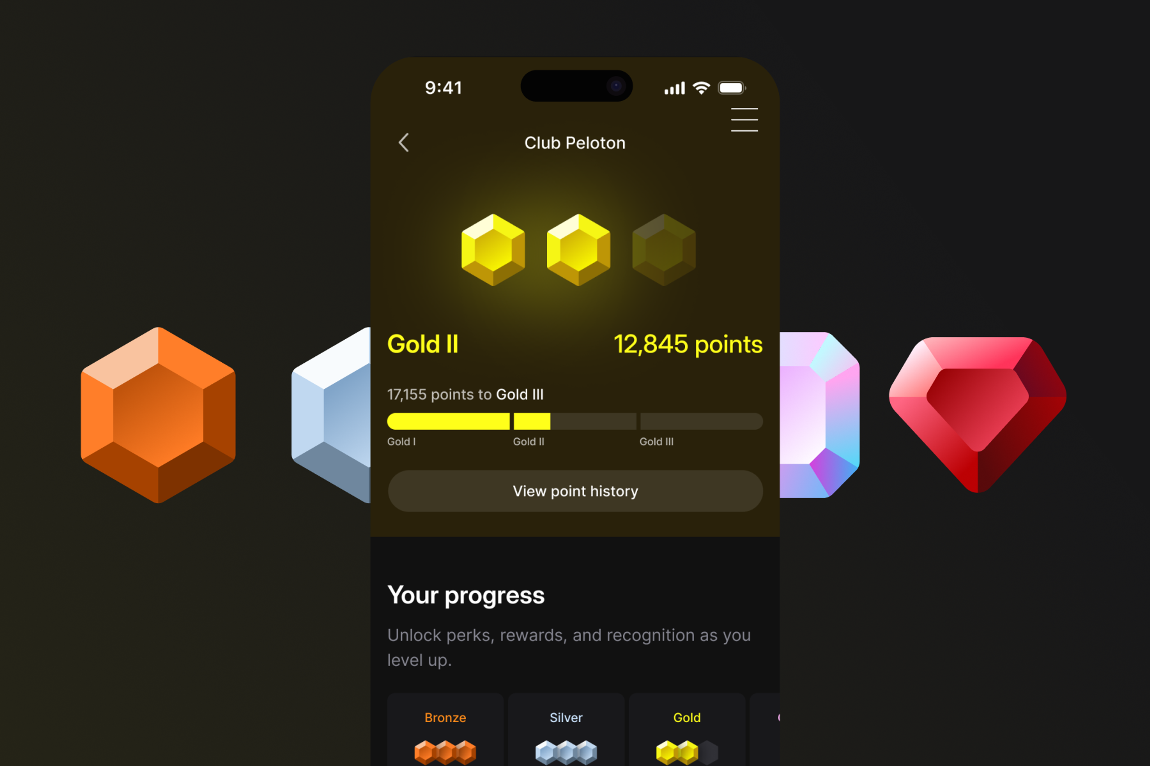 An image of a Club Peloton level progress bar on a phone screen. The Member is on the level Gold II.