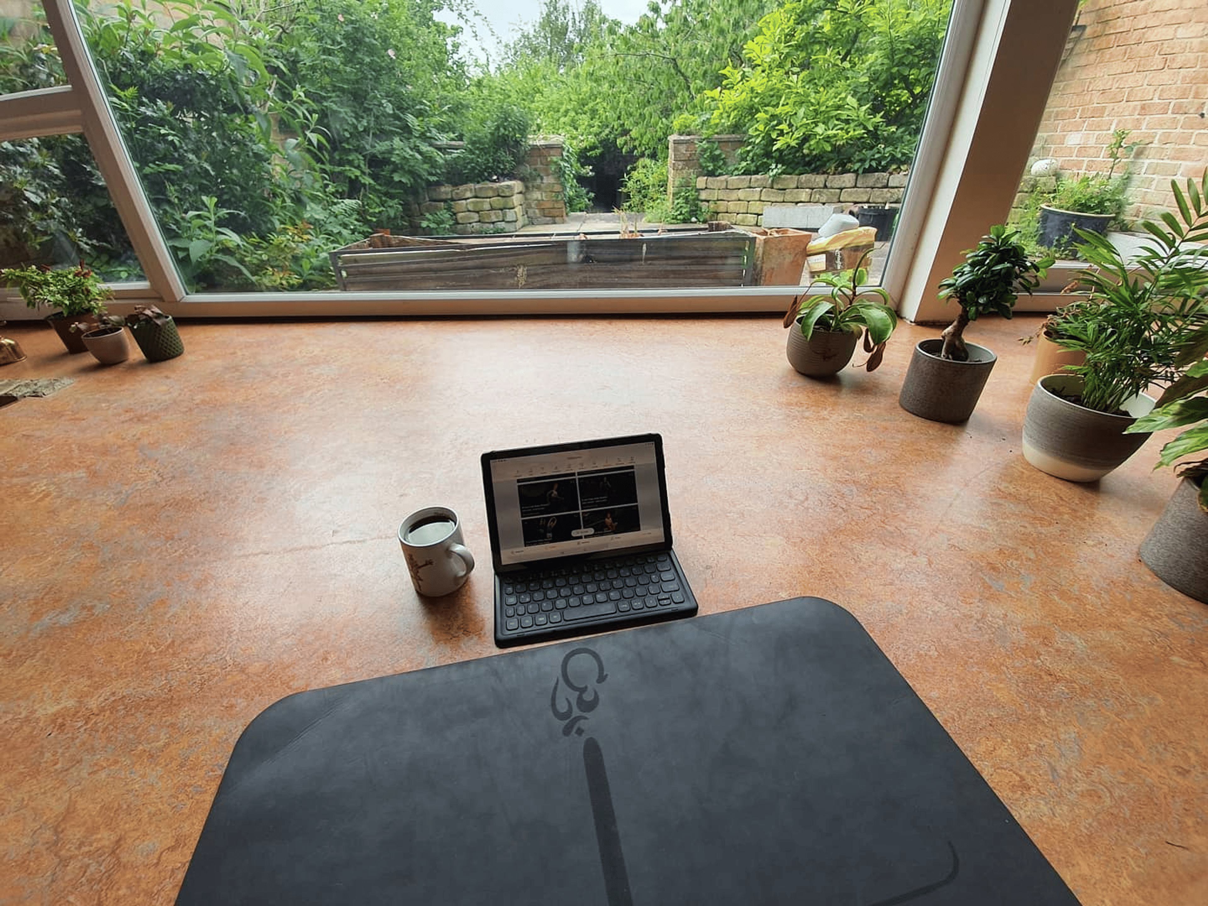 Yoga Mat, Laptop and Coffee