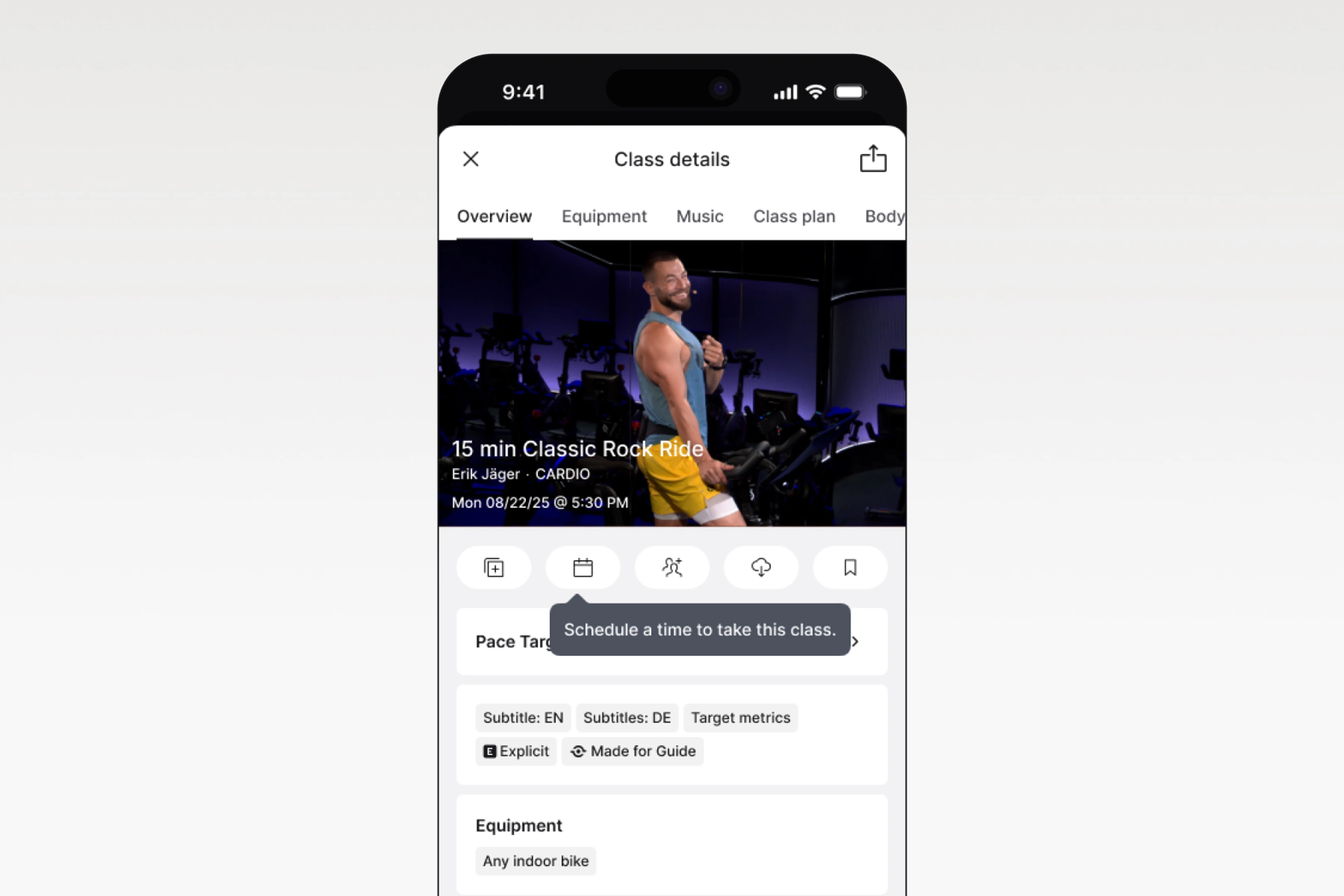 scheduling an Erik Jager 15 min Classic Rock Ride on the Peloton App 