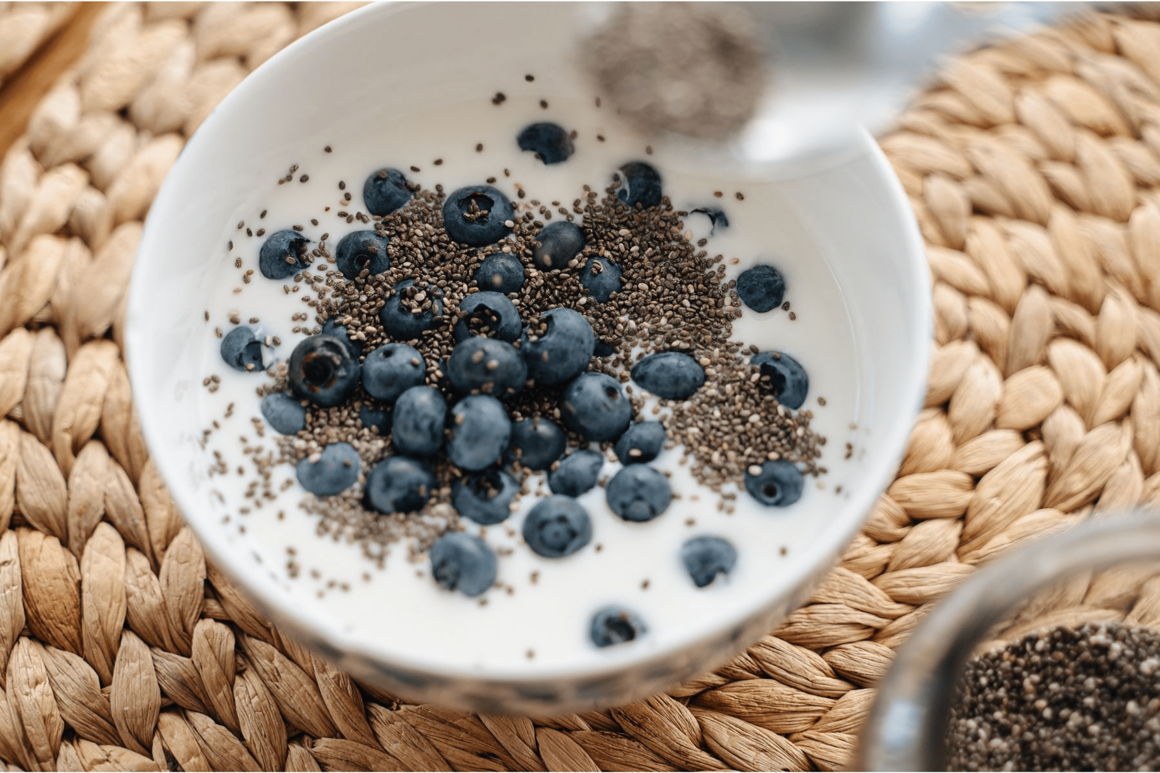 A bowl of yogurt with blueberries and chia seeds