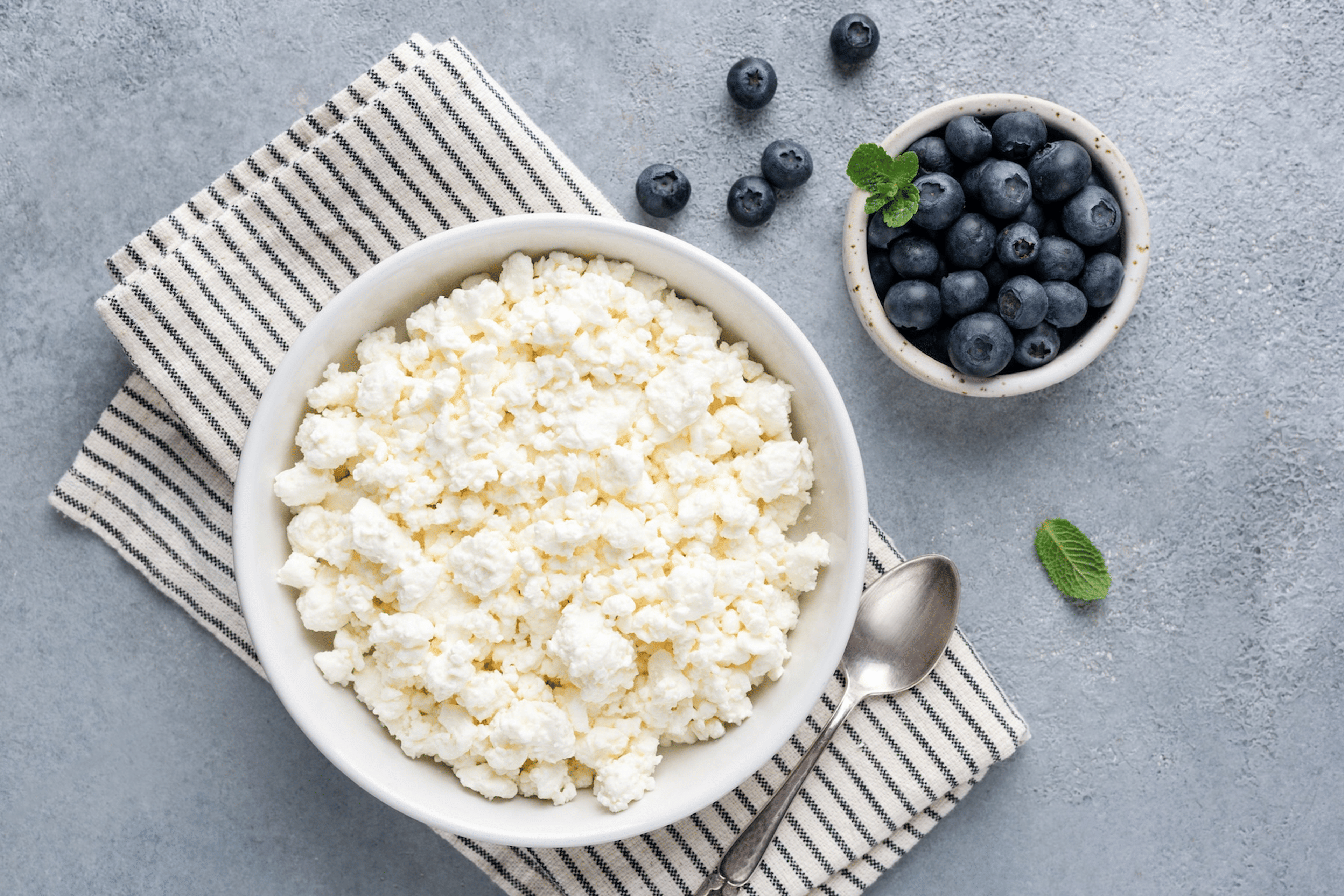 A bowl of cottage cheese next to a small bowl of blueberries.