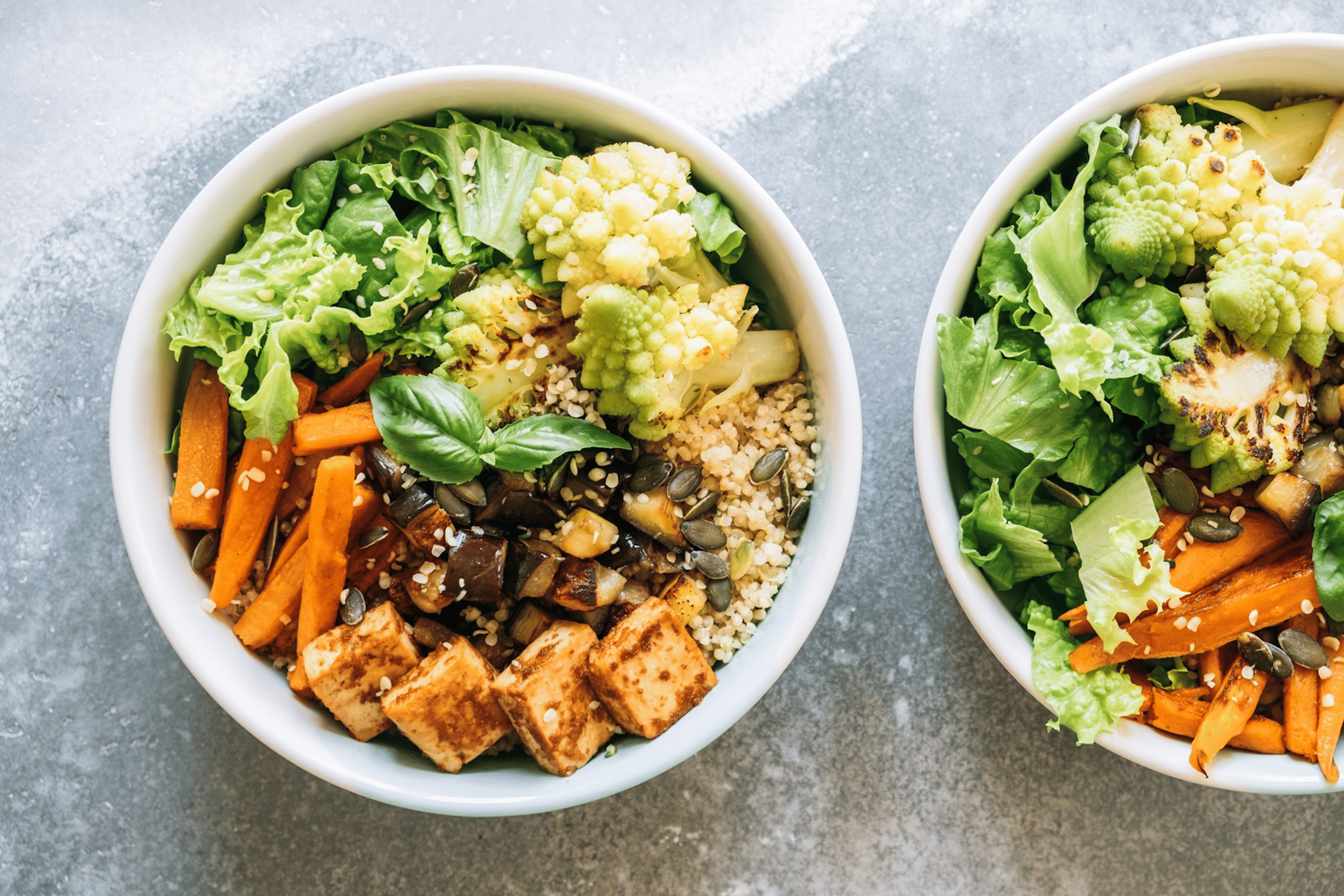 A nourishing bowl of food filled with plant-based protein sources like tofu and quinoa.